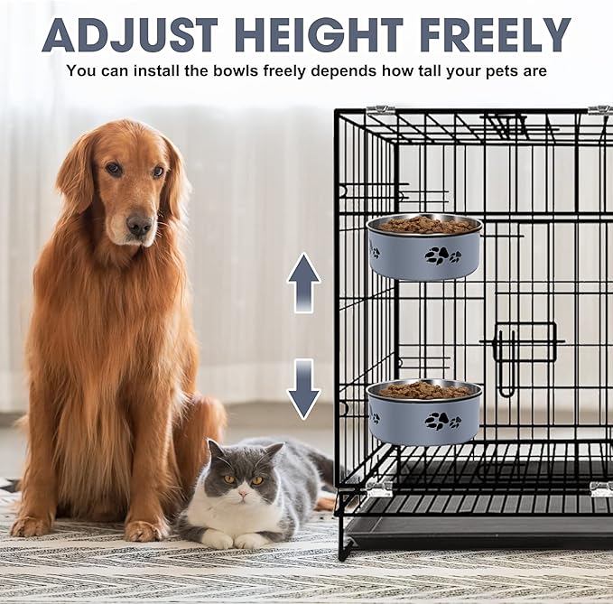 Kennel Water Bowl, ShineMe Stainless Steel Pet Food and Water Feeder Dishes - Attachable Dog Crate Bowls Hanging 2 Pack No Spill for Medium & Large Dogs (7.1x2.9” & 6.2x2.6”)