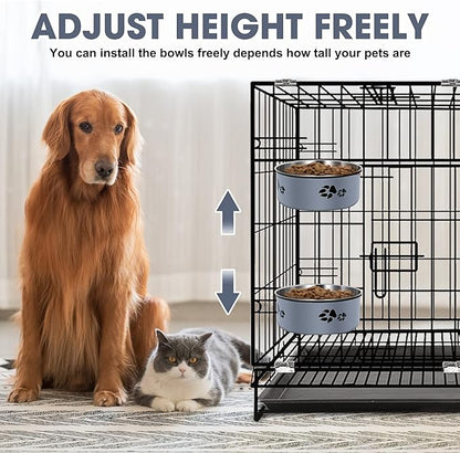 Kennel Water Bowl, ShineMe Stainless Steel Pet Food and Water Feeder Dishes - Attachable Dog Crate Bowls Hanging 2 Pack No Spill for Medium & Large Dogs (7.1x2.9” & 6.2x2.6”)