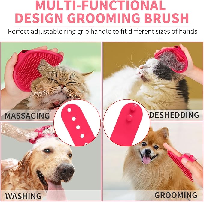 Comotech 6PCS Dog Bath Brush & Dog Toothbrush | Adjustable Handle Shampoo Brush & Scrubber for Short & Long Haired Dogs & Cats | Effectively Solve Odor & Stain Removal Problems (Pink Red Pink)