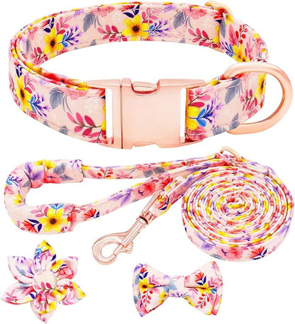 Dog Collar and Leash Set Girls Adjustable Puppy Collars with Floral Bow Tie for Small Medium Large Female Dogs, Pink Flower, M