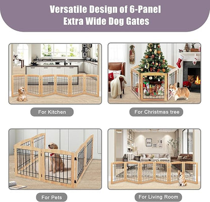 LZRS 6-Panel Extra Wide Wooden Freestanding Dog Gate: Foldable Solid Wood and Steel Wire Chew Resistant Safety Barrier for Doorways, Stairs, and Open Long Spaces Indoor Use, Natural