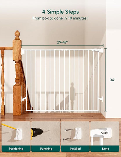 Babelio Baby Gate for Stairs, Kitchen & Doorways, No Bottom Bar| Easy Installation| One-Handed Operation| Auto-Close| Hardware Mount (Drill Needed) Safety Dog Gate (White - B17, 34" H, 29-49" W-Wide)