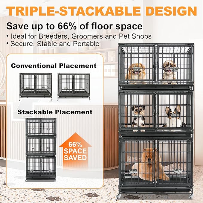 Homey Pet Stackable 43 inch Dog Crate Cage Kennel Indoor with Divider, 2X Steel Bowls, 4X Lockable Wheels, Tray, Heavy Duty Wire Dog Crates for Large/Medium/Small Dogs (Tall Model)