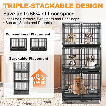 Homey Pet Stackable 43 inch Dog Crate Cage Kennel Indoor with Divider, 2X Steel Bowls, 4X Lockable Wheels, Tray, Heavy Duty Wire Dog Crates for Large/Medium/Small Dogs (Tall Model)