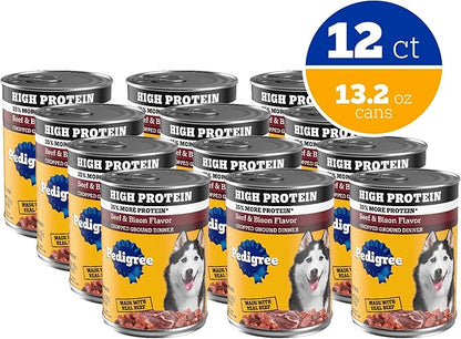 Pedigree High Protein Wet Dog Food, Adult Soft Canned Dog Food, Beef & Bison Flavor, 13.2 oz. Cans, 12 Count