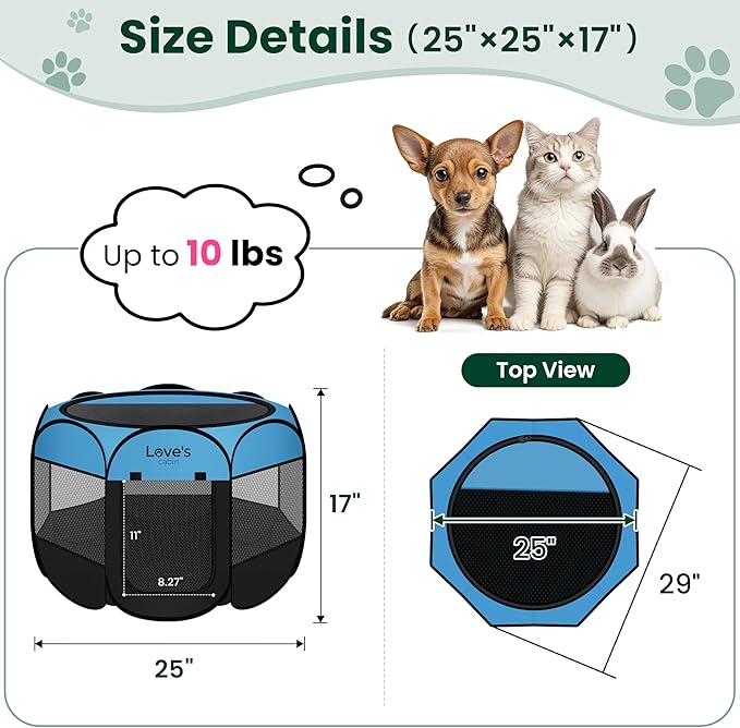 Love's cabin Pet Puppy Dog Playpen, Small Dog Tent Crates Cage Indoor/Outdoor, Portable Playpen for Cat, Foldable Pop Up Dog Kennel Playpen with Carring Case, Removable Zipper Top, Blue