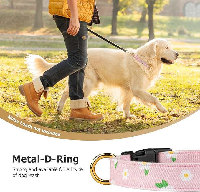 Cotton Handmade Dog Collar Cute and Distinctive Patterns Pink Flower with Pendant for Girl Boy Dogs Collars L