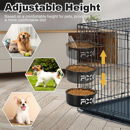 Crate Water Bowl No Spill for Large Dogs, Removable Stainless Steel Dog Bowls for Food and Water, Dog Kennel Hanging Wet and Dry Food Feeder for Medium/Large Pets, (7.1"x2.6" & 6.3"*2.6", Black)