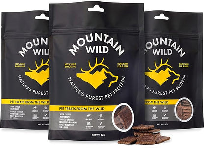 MOUNTAIN WILD Venison Jerky Training Treats for Dogs – Elk & Deer Meat Protein Dog Treat High-Value Reward – All-Natural, No Fillers, Grain-Free, No Artificial Preservatives – 8 oz (3 Pack)