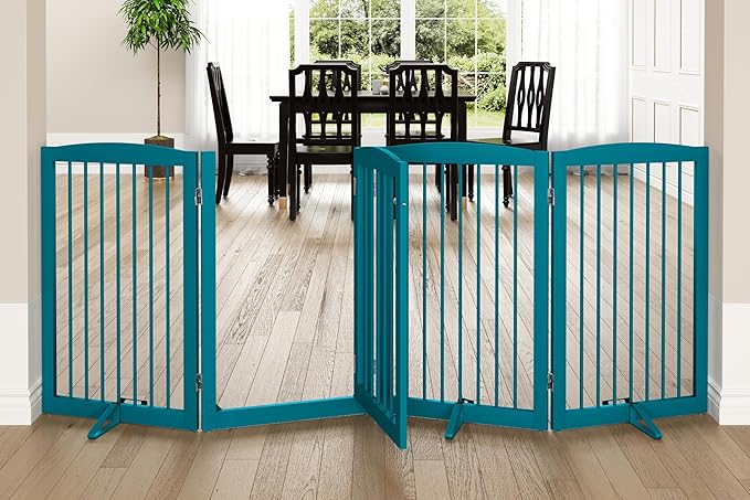 PUPETPO Freestanding Dog Gates with Door Walk Through, Pet Gate for Stairs, 80 inch Wide Gates Indoor, Dog Fences Indoor, Support Feet Included, 4 Panels, 32" Tall, Blue