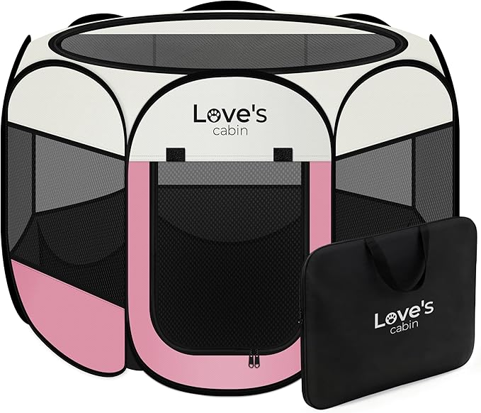 Love's cabin Pet Puppy Dog Playpen, Large Dog Tent Crates Cage Indoor/Outdoor, Portable Playpen for Cat, Foldable Pop Up Dog Kennel Playpen with Carring Case, Removable Zipper Top, Light Pink