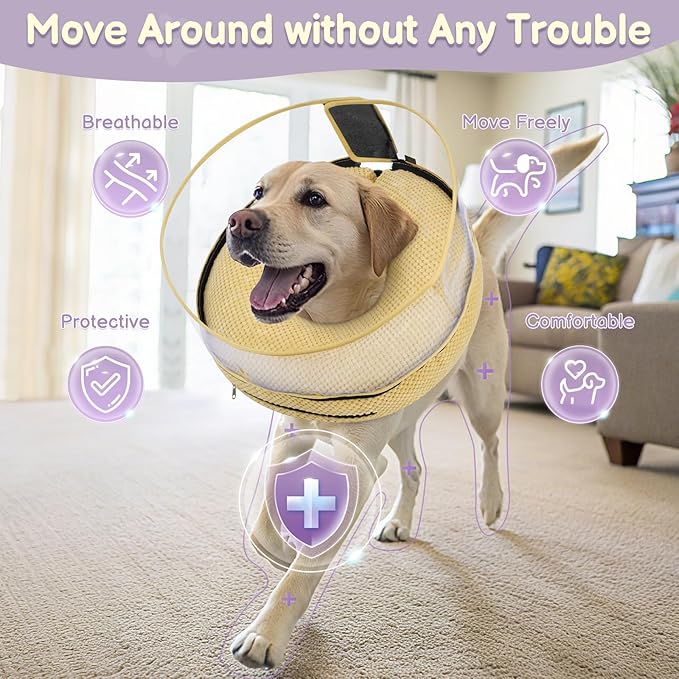 Soft Inflatable Dog Cone for Surgery Recovery, Protective Dog Donut Collar with Shield to Stop Licking Wounds, 2-in-1 Patented Comfort Blow-Up Collar for Small and Medium Pets (Khaki, M+)