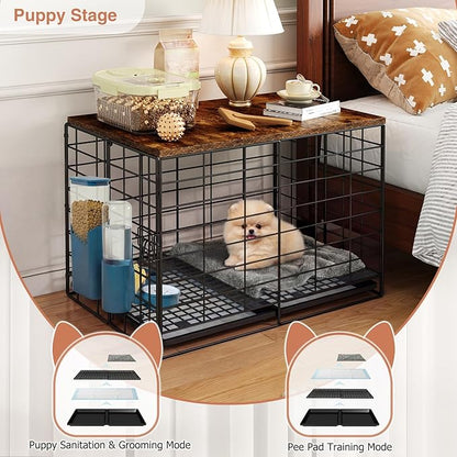 24 Inch Small Dog Crate - Indoor Puppy Kennel with Training Tray, Wooden Top & Thickened Metal Wire, Dog Cage for Small Dogs & Puppies Under 20 lbs, Decorative All-Stage Pet House