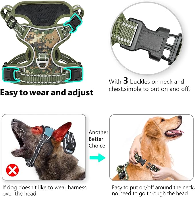 Timos Dog Harness Medium Sized,No Pull Dog Harness Adjustable Metal Rings 3 Buckles,Reflective No Choke with Easy Control Handle for Medium Dogs,Military Green M