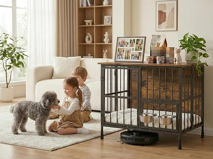 Hadulcet Foldable Dog Crate Furniture, No Assembly Indoor Dog Kennel with Storage Top, Wooden Dog Crate Table for Small to Medium Dogs, 27.55” Furniture Style Dog Cage with 2 Bowls Rustic Brown