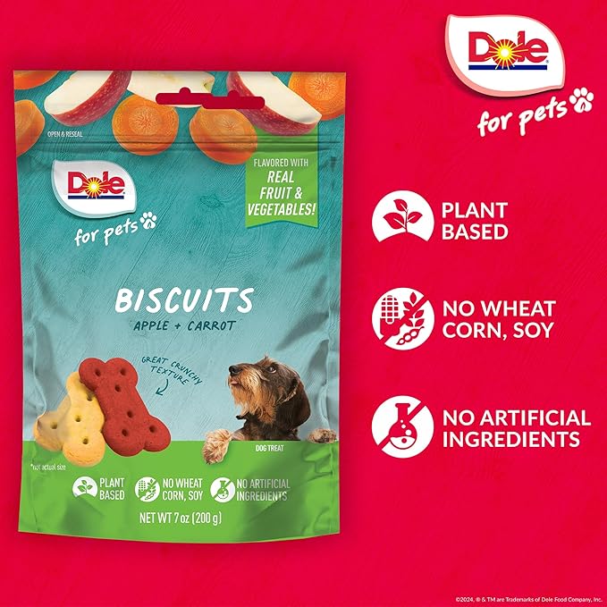Dole for Pets Dog Biscuits Assorted Apple + Carrot Mix, Real Fruit and Vegetable Flavor Vegan Crunchy Treats, No Wheat Corn Soy or Artificial Additives, Bite Size Training Snacks for Dogs, 7 Oz