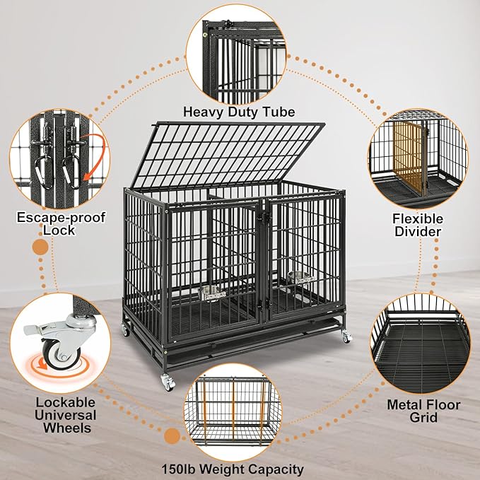 Homey Pet Stackable 43 inch Dog Crate Cage Kennel Indoor with Divider, 2X Steel Bowls, 4X Lockable Wheels, Tray, Heavy Duty Wire Dog Crates for Large/Medium/Small Dogs (Tall Model)