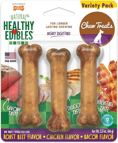 Nylabone Healthy Edibles Natural Dog Chews, Long Lasting Bones for Dogs, Roast Beef & Chicken Flavor Dog Treats, X-Small (3 Count)