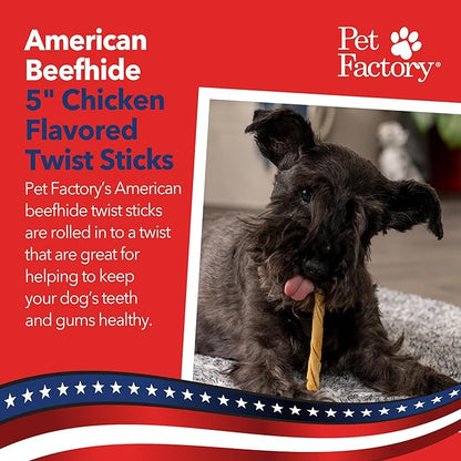 Pet Factory American Beefhide 5in Twist Sticks Dog Dental Chews - Natural Rawhide Dental Chews with Chicken Flavor for Small to Medium Dogs, Promotes Oral Health - 5 Inches (Pack of 1)
