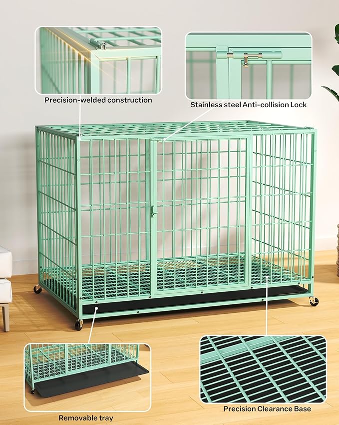HIWOKK 48 Inch Large Dog Crate, Escape Proof Dog Cage with Dual Door Lock and Swivel Casters,Removable Tray for Easy Cleaning, Dog Kennel Indoor Outdoor Use