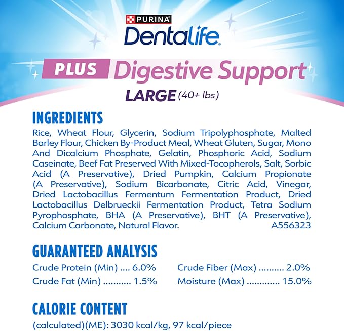 Dentalife Plus Digestive Support Dog Treats for Large Dogs 40 lbs. and up, Cleans Teeth, Freshens Breath, & Supports Healthy Gut, Chicken & Pumpkin Flavor, 7 oz., 6 Chews - 6 ct. Pouch (Pack of 2)