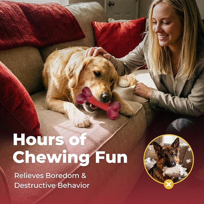 Apasiri Tough Dog Toys for Aggressive Chewers: Beef Flavored Long Lasting Dog Bones for Large Dogs, Heavy Duty Nylon & Rubber Dog Chew Toys to Keep Them Busy, Medium & Large Breed (20-80 lbs), Red