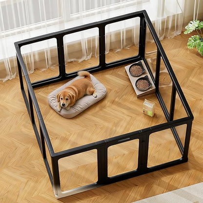 Jalove Clear Acrylic Dog Playpen Indoor, 12 PCS Plastic Puppy Playpen with Door, Cat Rabbit Ferret Pet Play Pen, Easy Assemble Dog Fence Crate Kennel Whelping Cage Enclosure for Small Dogs, Black