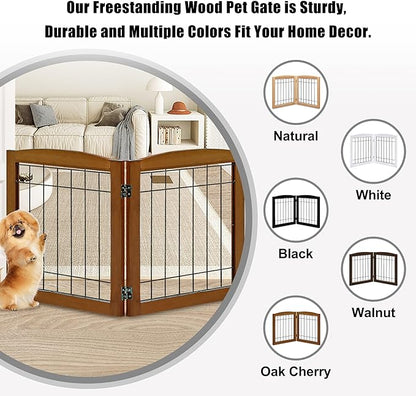 LZRS 2-Panel Freestanding Foldable Wood Dog Gate – Solid Wood & Steel Wire, Chew-Resistant Pet Barrier for Indoor Use, Ideal for Small to Medium Dogs, Cherry