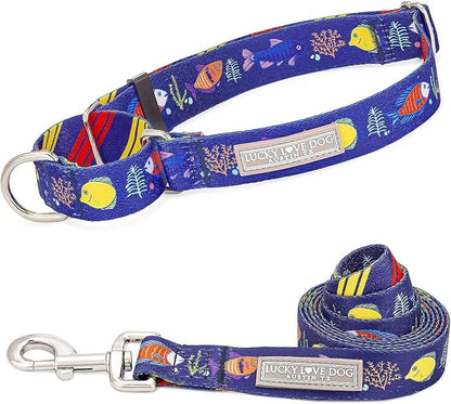 Lucky Love Dog Tropical Fish Pattern Martingale Collar and Leash Set, Blue Color No Slip Collars for Medium Dogs, Great for Whippets, Greyhounds, and More (Mackey, Medium - Combo)