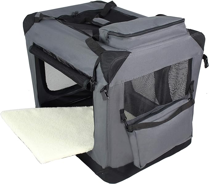 EliteField 3-Door Folding Soft Dog Crate with Carrying Bag and Fleece Bed (2 Year Warranty), Indoor & Outdoor Pet Home (24" L x 18" W x 21" H, Gray)