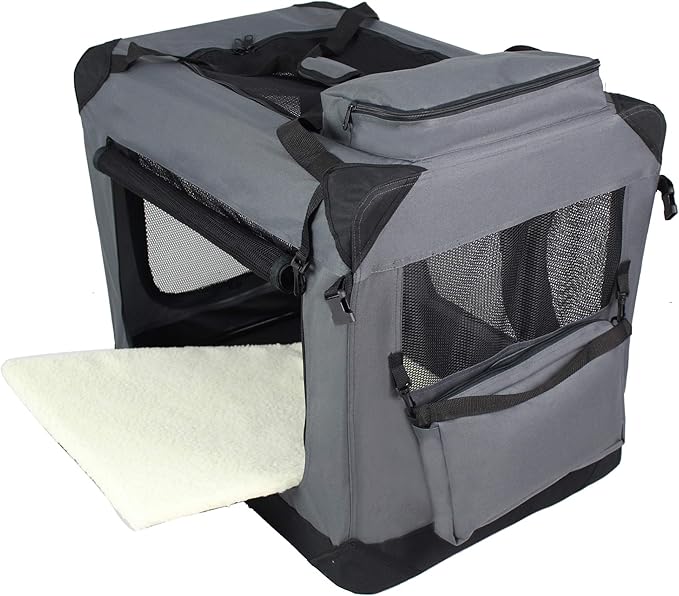 EliteField 3-Door Folding Soft Dog Crate with Carrying Bag and Fleece Bed (2 Year Warranty), Indoor & Outdoor Pet Home (42" L x 28" W x 32" H, Gray)