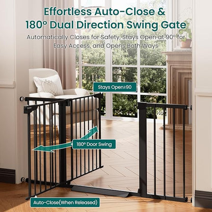 Cumbor 30-54" Extra Wide Baby Gate for Stairs, Dual Lock & Self-Closing Dog Gate Indoor, Easy Install Pet Gate for Doorways, Hallways & Kitchen, Easy Walk Thru Safety Proofing for Babies & Pets, Black