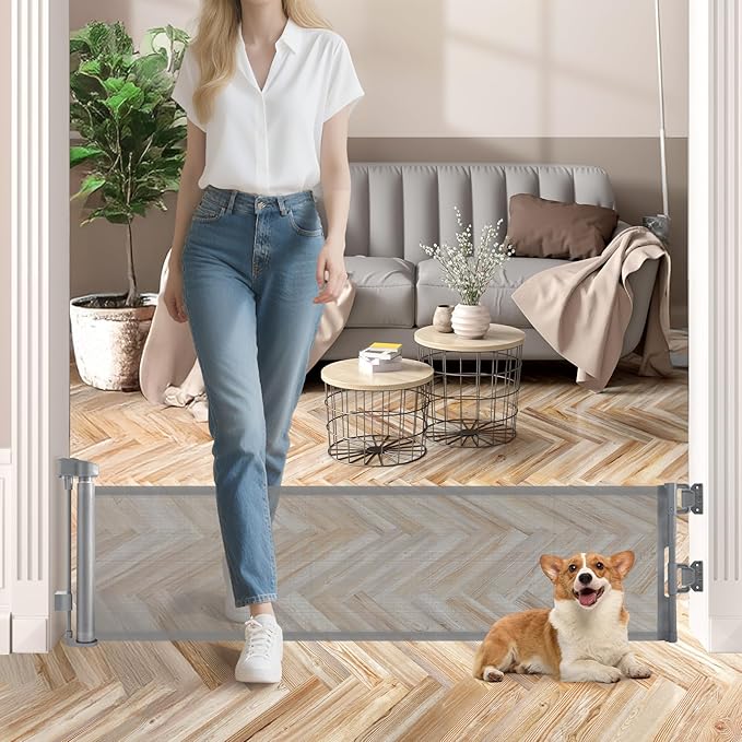 14" Tall Short Dog Gate to Step Over, Retractable Mesh Pet Door for Small Puppy, Extended up to 55" Wide for Indoor Stairs Doorways and Hallway - Grey