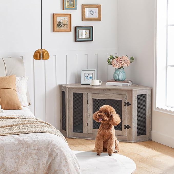 MAHANCRIS Corner Dog Crate Furniture, Wooden Dog Kennel End Table, Decorative Pet Crate Indoor Use, Furniture Style Dog House for Small Medium Dog, Dog Cage TV Stand, Greige and Black DCHG0801
