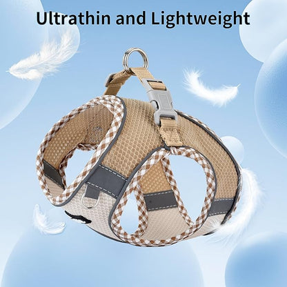 AIITLE XXS Dog Harness & Leash Set - Breathable Reflective No-Choke Small Dog Harness for Teacup Puppies, Indoor/Outdoor Use - Boston Terrier, Maltese, Chihuahua (Brown-Beige, XXS)