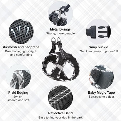 BEAUTYZOO Step in Dog Harness and Leash Set,Reflective Dog Harness No Pull No Choke Puppy Harness for Small Medium Large Dogs Cats,Soft Padded Mesh Vest Harnesses for Girl and Boy Pets,Black Plaid S