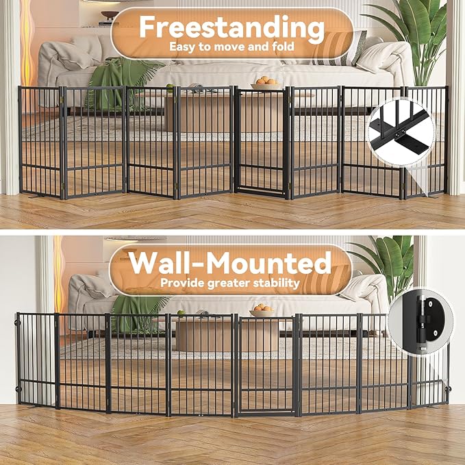 SNUOWU Full Metal Freestanding Dog Gate with Door, 32''Height Foldable Pet Dog Fence for Indoor & Outdoor, 8 Panels Extra Wide Free Standing TallDog Gates for Doorways,House,Stairs,Porch,Deck,Yard