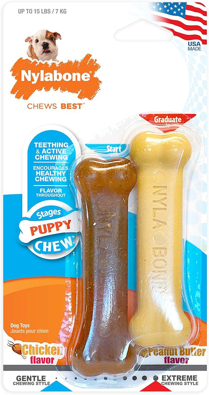 Nylabone New Puppy Starter Kit, Puppy Teething Toys, Chew Bones for Puppies, Peanut Butter & Chicken Flavor, X-Small Dogs - Up to 15 lbs., 2 Pack
