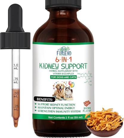 Veterinarian Formulated Kidney Support for Cats & Dogs | 6-in-1 Liquid with Herbal Blend + Vitamin B Complex | Bacon Flavor for Kidney & Urinary Health, Energy & Appetite | 2oz (59ml)