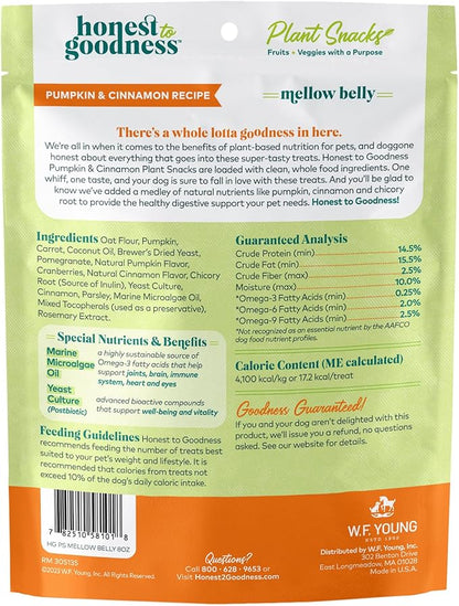 Honest to Goodness Plant Snacks Mellow Belly Pumpkin & Cinnamon Recipe Dog Treats, Enriched with Omega 3s & Postbiotics, 8oz