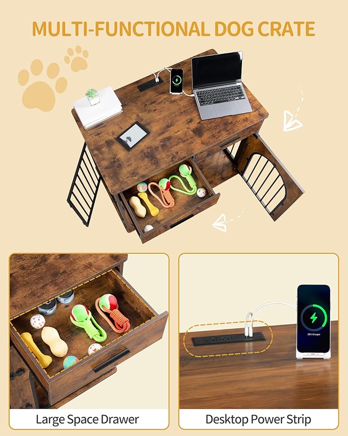 Hzuaneri 39.4'' Dog Crate Furniture with 2 Drawers, Indoor Dog Kennel with Charging Station, Wooden Dog Cage Side End Table Kennel for Medium/Large Dogs, Rustic Brown DFC84201B