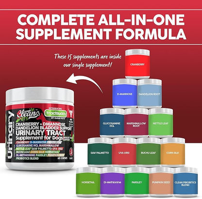 Clean Pets Cranberry for Dogs Urinary Tract Support | D-Mannose UTI Bladder Stones Dandelion Glucosamine HCL Marshmallow Nettle Leaf Saw Palmetto Uva Ursi Buchu Horsetail Methionine Parsley Supplement
