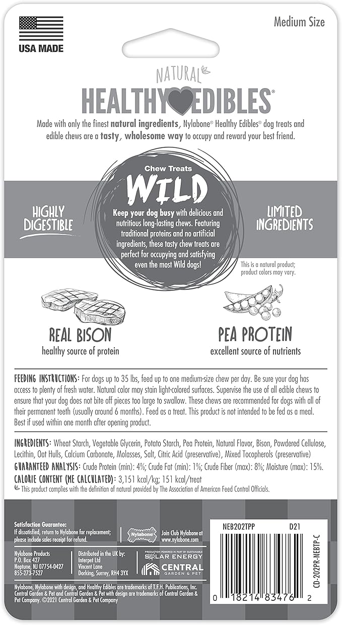 Nylabone Healthy Edibles Wild Natural Dog Chews,Long Lasting Bones for Dogs,Bison Flavor Dog Treats,Medium,2 Count (Pack of 2)