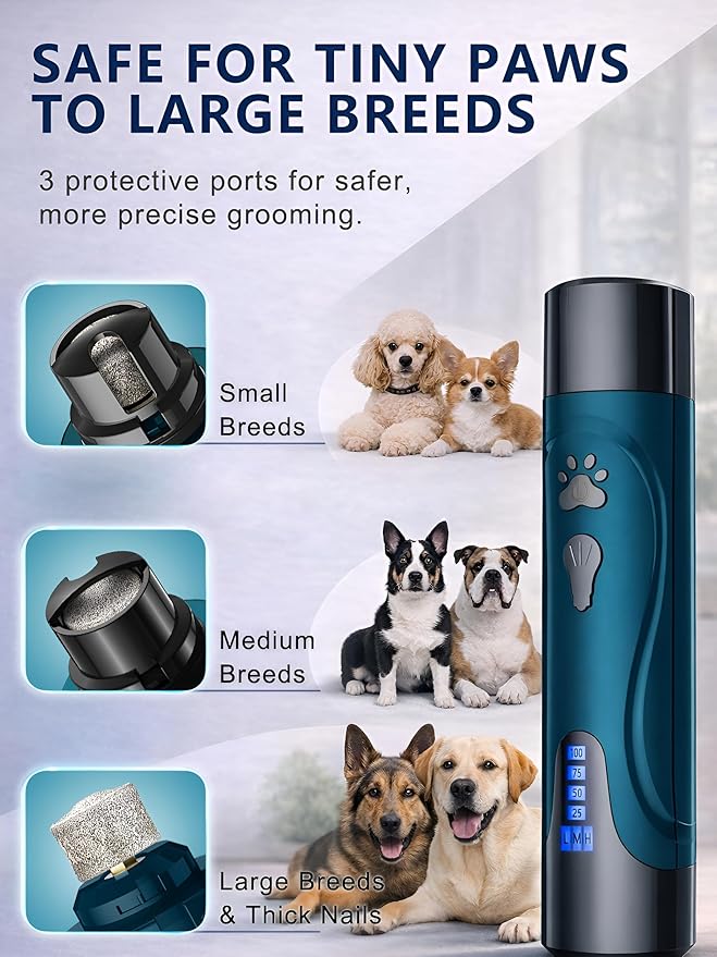 YABIFE Super Quiet Dog Nail Grinder & Clippers Kit with 2 LED Lights, 3 Speeds Up to 12,000 RPM, Lower Than 30dB Electric Pet Nail Trimmer for Small Medium Large Dogs and Cats