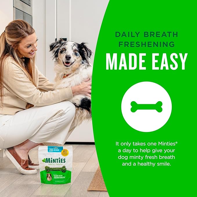 Minties Dental Chews for Dogs, 40 Count, Vet-Recommended Mint-Flavored Dental Dog Treats for Medium Dogs, Bones Clean Teeth, Fight Bad Breath, and Removes Plaque and Tartar