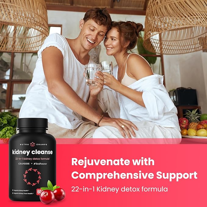 Kidney Cleanse Detox | 22-in-1 Kidney Support Supplement | 25,000mg Cranberry Pills Extract | Extra Strength Repair & Flush Premium Formula | Urinary Tract Health for Women & Men | 60 Vegan Capsules
