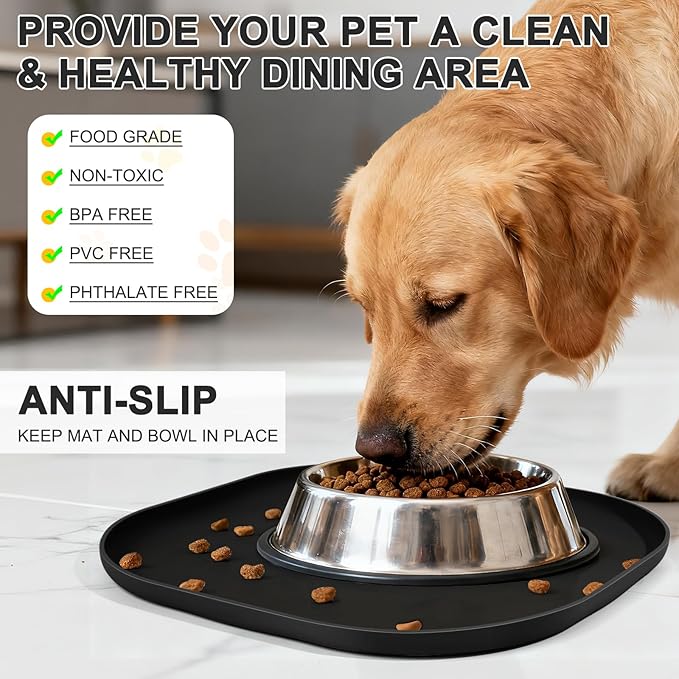 SMILOOL Small Silicone Pet Food Mat with Raised Edge for Food and Water Bowl, Square Dog Feeding Mats, Cat Food Trays for Floor Waterproof, Rubber Tray for Dogs and Cats, 12 x 12 x 0.7 Black
