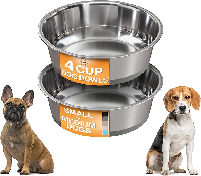 Neater Pet Brands Stainless Steel Dog Bowls with Non-Slip Rubber Bottom – Set of 2, 4 Cup (32 oz), Gray - Heavy Duty Metal Dog Bowl, Dishwasher Safe, Food or Water Bowl, Ideal for Medium Dogs