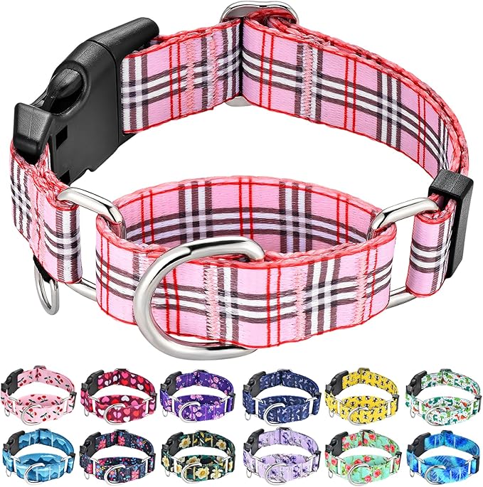 Martingale Collar with Quick Release Buckle Cute Girl Female Training Dog Collars (Pink Plaid, Large)