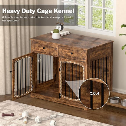 Kucreiheat 40'' Wooden Dog Crate Furniture–Farmhouse Dog Kenel-Multi Purpose Pet House with Double Doors, 2 Drawers, for Small, Medium & Large Dogs–Rustic Brown Finish